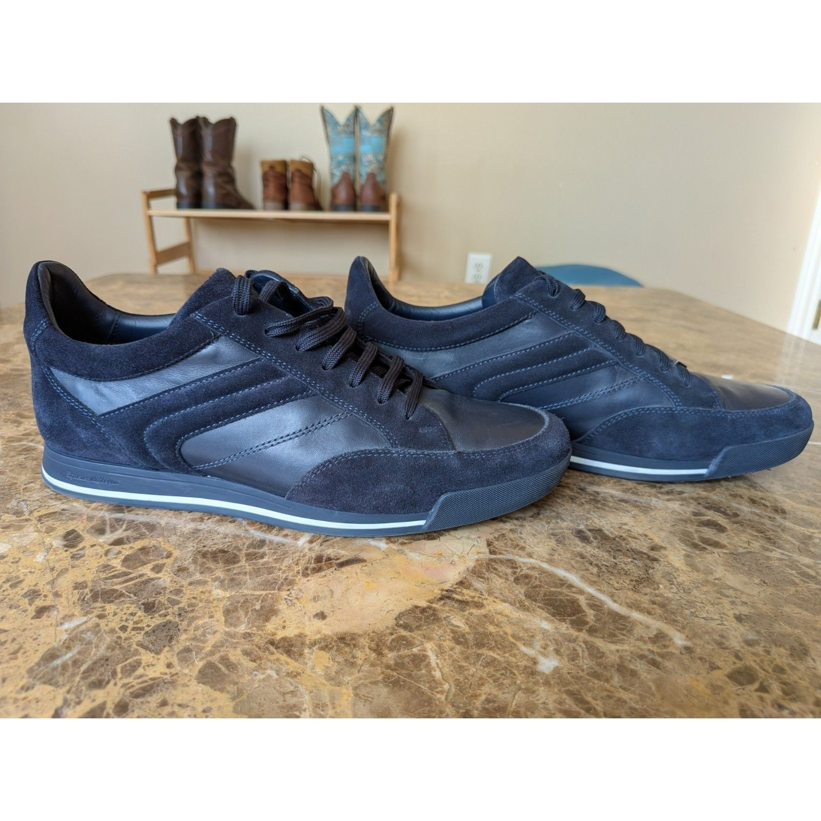 Ermenegildo Zegna Men Shoes Black Suede Navy Leather Sneaker Made In Italy 9 Us